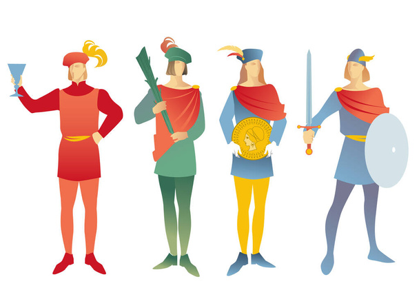 Čtyři mladí muži oblečení starým středověkým způsobem s hůlkami, poháry, zlatem, meči a štíty. Stránky s hracími kartami.  - Vektor, obrázek