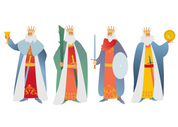 Čtyři králové oblečení ve starobylých šatech, s pruty, poháry, zlatem, meči a štíty. Čísla karet. - Vektor, obrázek