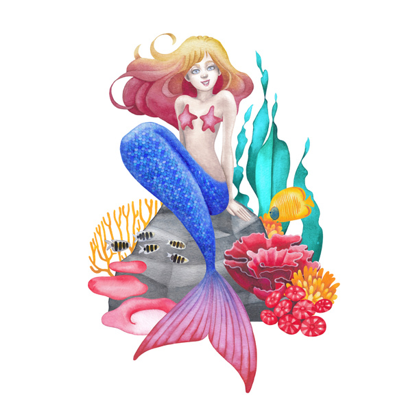サンゴ礁の植物や魚の間の石の上に青い尾を持つ水彩人魚 - 写真・画像