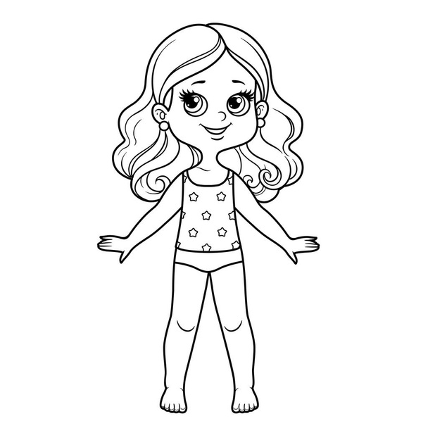 Cute cartoon girl dressed in underwear and barefoot outline for coloring on a white background - Vektor, kép