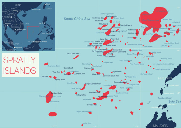 Λεπτομερής επεξεργάσιμος χάρτης του νησιού Spratly - Διάνυσμα, εικόνα