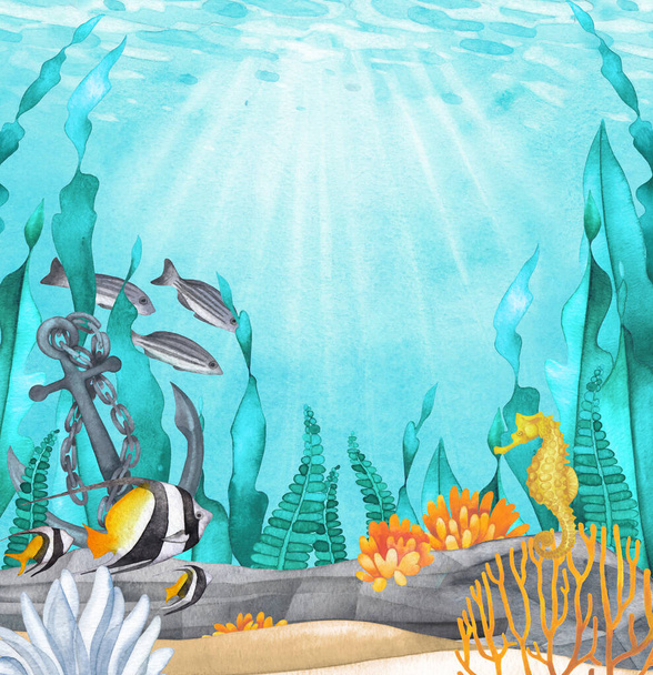 Calmo aquarela fundo do oceano arenoso com as pedras, âncora, plantas recifais de coral e criaturas. - Foto, Imagem