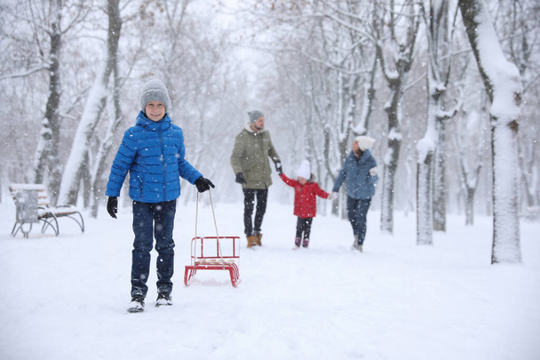 Family spending time outside on winter day. Christmas vacation - Фото, изображение
