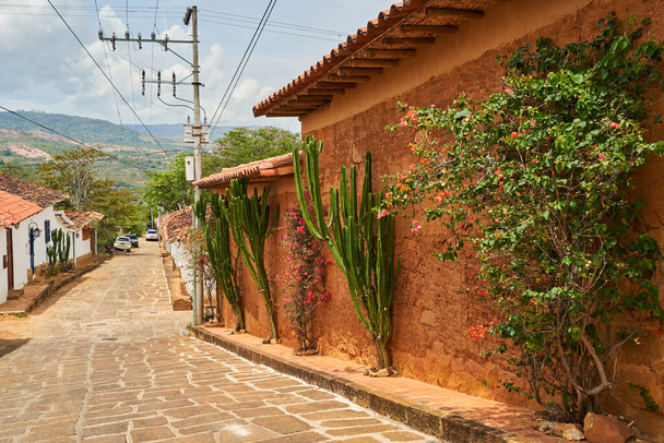 Невелика історична алея з каменем з пісковику в історичному колоніальному місті Баріхара в Колумбії, популярне місце для туристичних поїздок в Андах, Південна Америка. - Фото, зображення
