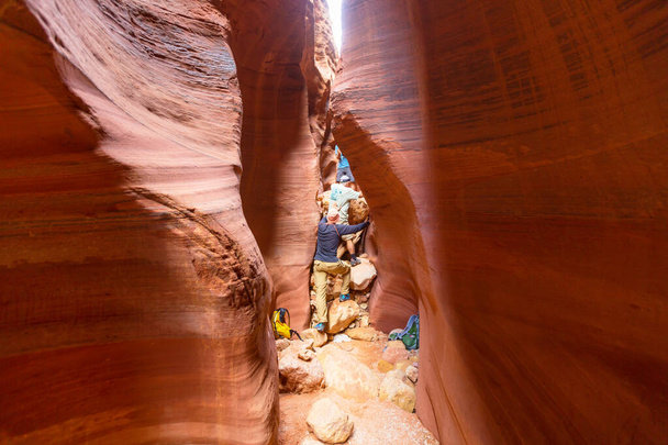 Slot canyon in Grand Staircase Escalante National park, Utah, USA. Unusual colorful sandstone formations in deserts of Utah are popular destination for hikers. - Photo, Image