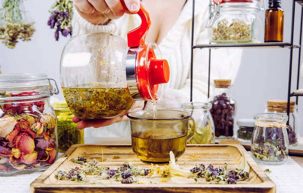 Vue rapprochée de la femme herboriste mains verser la médecine traditionnelle thé dans la tasse de thé. Herbes séchées dans des bocaux en verre sur fond. - Photo, image