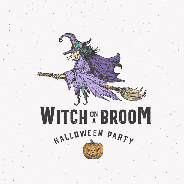 Witch on a Broom Halloween Logo or Label Template. Hand Drawn Colorful Flying Woman in a Hat and Pumpkin Sketch Symbol with Retro Typography. Shabby Textures. - Vector, imagen