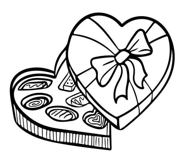Pralinenschachtel mit Herz. Stilisierte Vektorlinie Illustration - Vektor, Bild