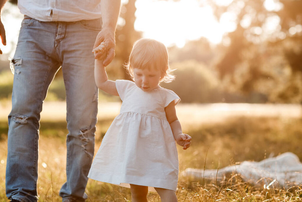 View on toddler. Back view of mother, father hold hands daughter enjoy nature and walk in the summer park. Young family spending time together on vacation, outdoors. Mother's, father's, baby's day. - Foto, Imagem