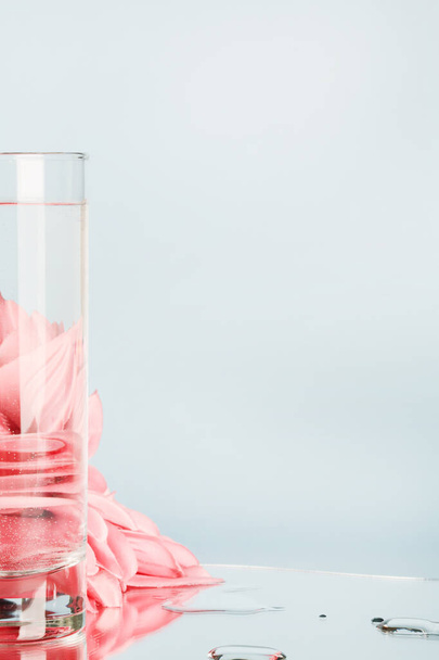 розовые цветы, искажённые через воду в стекле с зеркалом на синем фоне. чистая вода, экологически чистая концепция дома.  - Фото, изображение