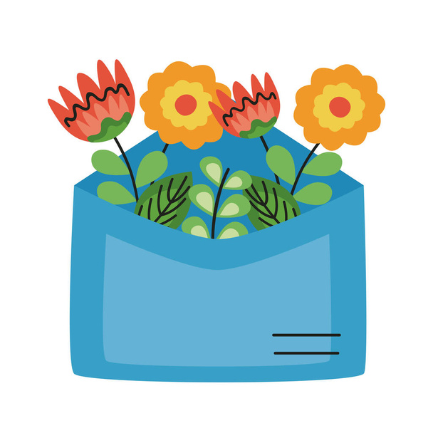 mooie bloemen en bladeren in envelop - Vector, afbeelding