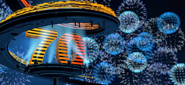 A 70-es szám egy sárga szerkezet egy kerek fém platformon, 8 reflektorral megvilágítva, körülvéve egy fém spirál szerkezettel, kék tűzijáték háttérrel az éjszakai égbolton. 3D illusztráció - Fotó, kép