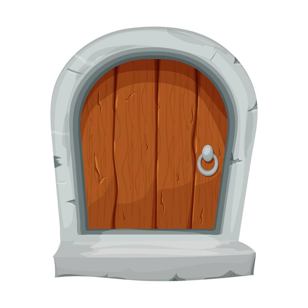 Wood fairy mediaeval door in cartoon style isolated on white background. Fantasy entrance, locked with stone bricks, border. Single object ui games design, decoration. - Διάνυσμα, εικόνα