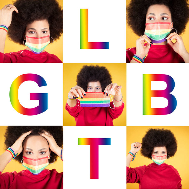 Mixed race afro woman, lgbt gay pride flag, multiple photos, text: LGBT - Photo, Image