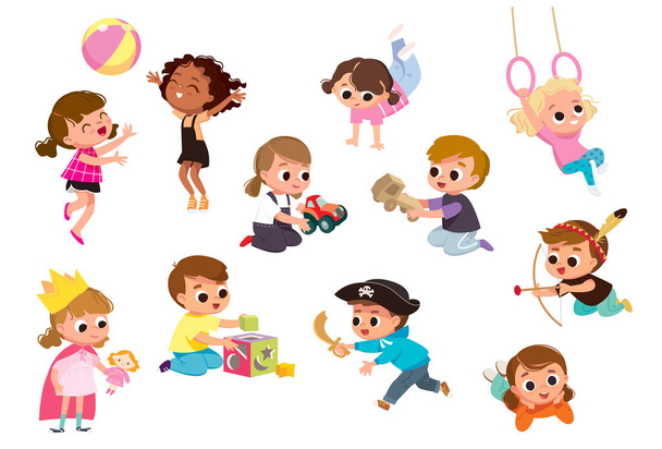 Set group collection of vector cute babies kids characters playing,doing activities in different various poses.Children jump,move,having fun in fine mood,play,hang around with different emotions. - Вектор, зображення