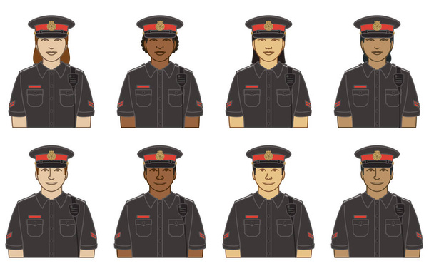diversità, razza, etnia delle icone vettoriali degli agenti di polizia, maschili e femminili, in uniforme, isolati su sfondo bianco - Vettoriali, immagini