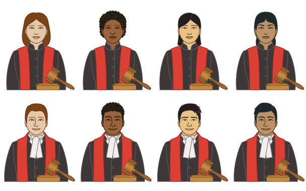 diversità, razza, etnia delle icone vettore giudice, maschio e femmina, in vesti con martelletto, isolato su sfondo bianco - Vettoriali, immagini