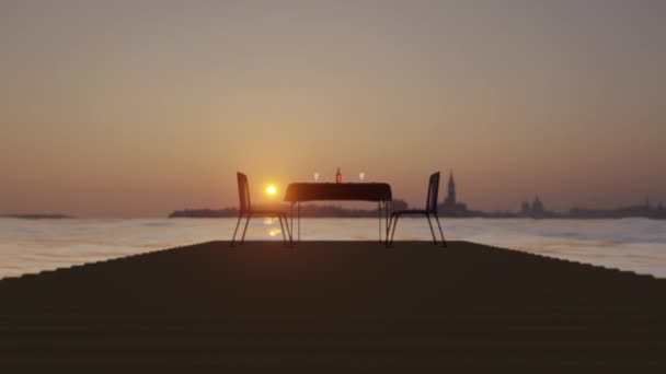 Február 14. 3D illusztráció Valentin nap 2 fotelek hátterében a tenger pihenni időt gyertyák és poharak az asztalon - Felvétel, videó