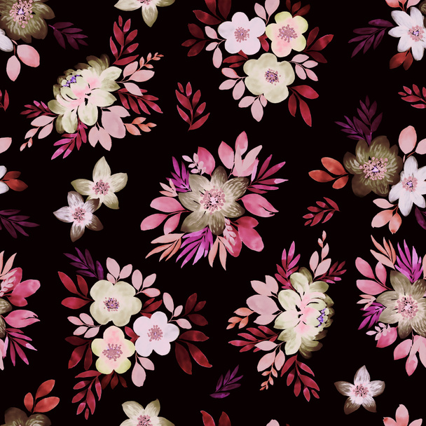 Világos rózsaszín, bézs, barna virágok levelekkel, fekete háttérrel. Virágminta a divatosoknak. Zökkenőmentes virágzó háttér design - Fotó, kép