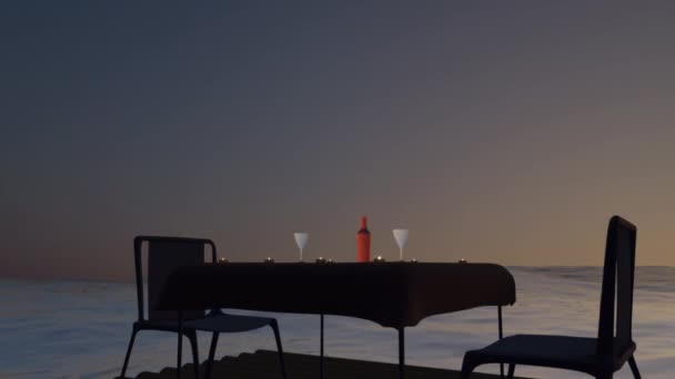 Helmikuun 14. 3d kuva Ystävänpäivä 2 nojatuolia meren taustalla rentoutumisaika kynttilöillä ja laseilla pöydällä - Materiaali, video