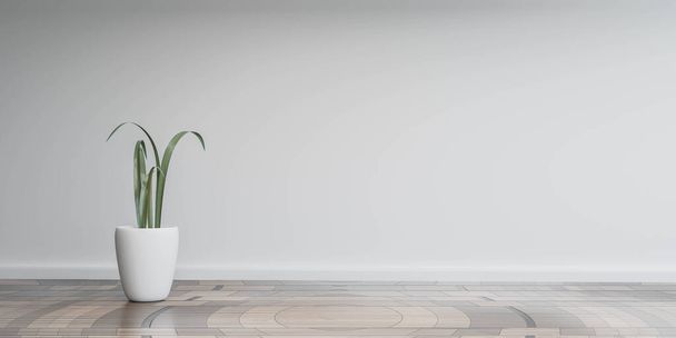 Schöne helle Wohnzimmerwand mit Pflanzen- und Holzboden 3D-Renderillustration - Foto, Bild