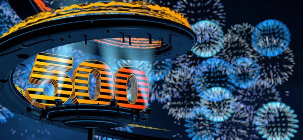 Номер 500, образованный желтой структурой на круглой металлической платформе, освещенной отражателями, окруженными металлической спиралью, на фоне синих фейерверков в ночном небе. 3D-моделирование - Фото, изображение