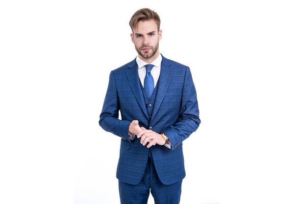 Speaker wear fashion blue suit with necktie in formal business style formalwear, classy - Photo, Image