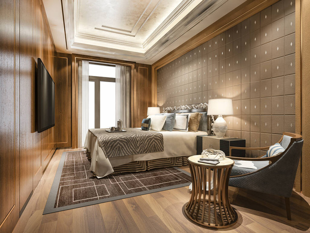3D καθιστώντας όμορφη πολυτελή σουίτα υπνοδωμάτιο στο ξενοδοχείο με τηλεόραση και τραπέζι εργασίας - Φωτογραφία, εικόνα