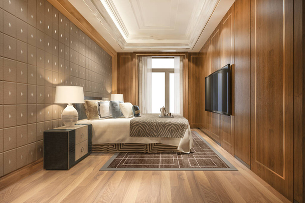 3D візуалізація красивої розкішної спальні в готелі з телевізором і робочим столом
 - Фото, зображення