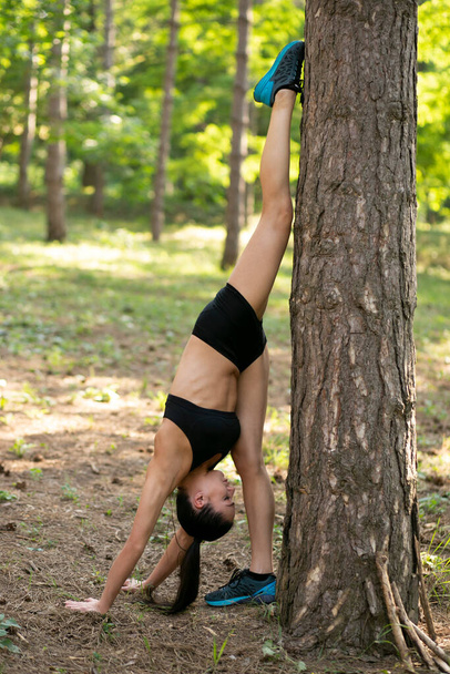 Athletic fit young woman doing exercises near tree. Athletic girl on green forest. - Photo, Image