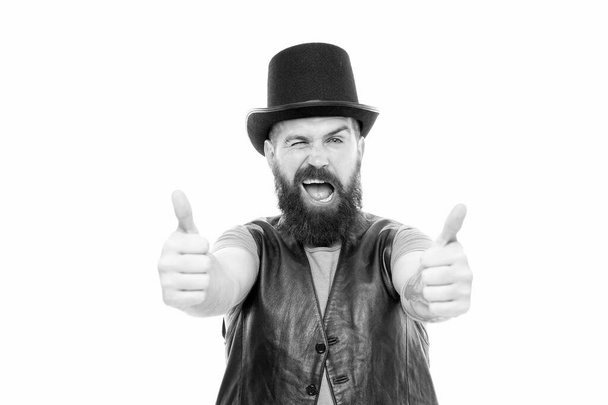 Magician circus worker. Man bearded guy cheerful face solve problem as magician. Magician character. Magician trick performance concept. Ready to see some magic. Circus magic trick performance - Fotoğraf, Görsel