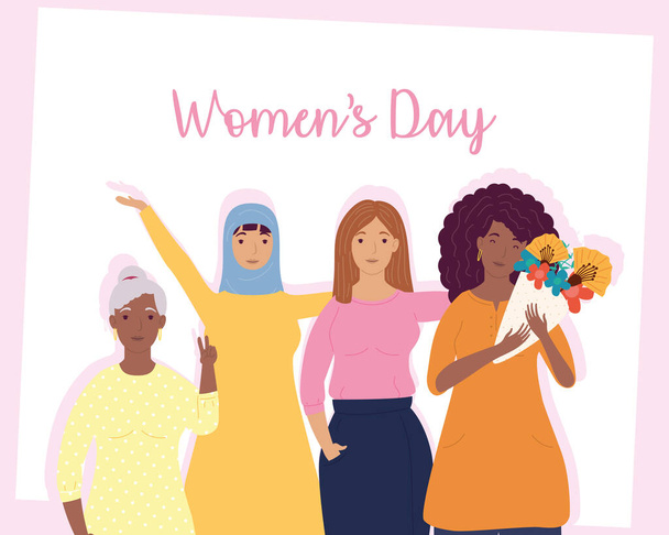 womens day lettering with group of interracial girls characters - Вектор,изображение