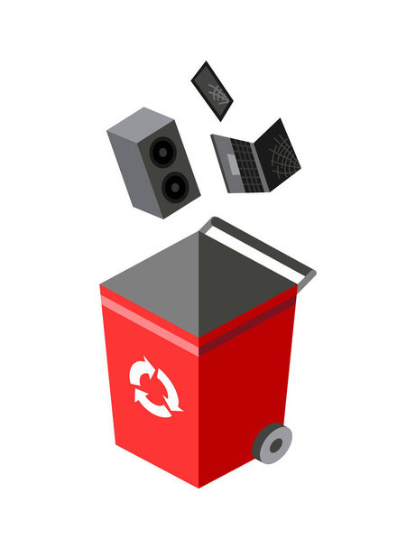 Cubo de basura para clasificar. Elementos de reciclaje. Papelera coloreada con basura E-waste. Separación de residuos en el cubo de basura. Concepto de gestión de residuos - Vector, Imagen