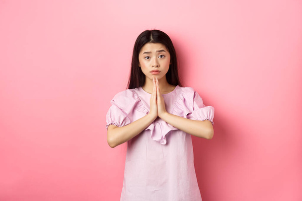 Aide-moi. Mignonne asiatique femme vous suppliant, tenant la main dans la prière et demandant faveur, besoin de quelque chose, debout sur fond rose - Photo, image