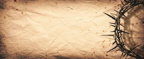 Κορώνα αγκάθια σε Vintage χάρτινο φόντο με λεκέδες αίματος - Σταύρωση του Ιησού Χριστού - Φωτογραφία, εικόνα