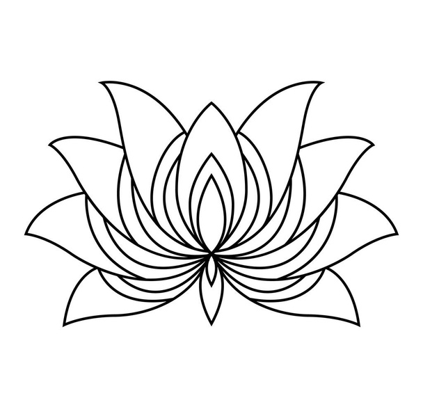 Lotus icon. Monochrome blooming flower. Hand drawn lotos flower illustration isolated on white background. Black linear petals of plant in coloring style - Вектор,изображение