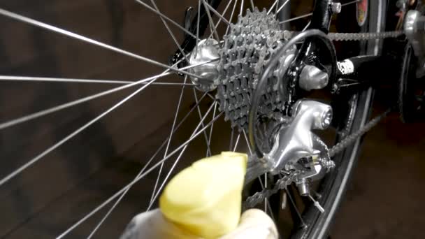 Rower maitenance, używać spray do czyszczenia rowerów na tylnym wykolejeniu - Materiał filmowy, wideo