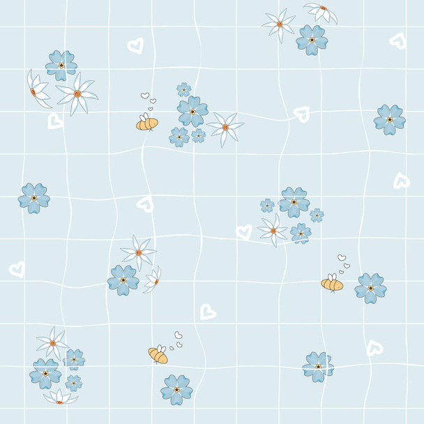 Daffodils, white, yellow, blue cute forget-me-not flowers on light background. Seamless repeat pattern of squared rough pastel paper - Vector, Image