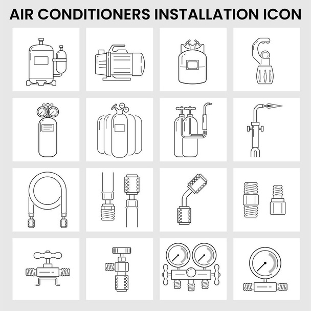 Illustration Vektor-Sets von Werkzeugen oder Geräten für die Arbeit mit Klimaanlagen Installation-Modifikation-Wartung-Reparatur-Service. - Vektor, Bild
