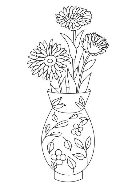 vaso com flores isoladas sobre fundo branco. Vaso de cerâmica. Desenho de esboço, arte de linha, livro de colorir. - Vetor, Imagem