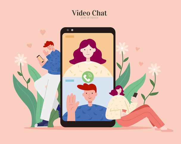 A smartphone in the center with cute couple on different sides. Concept of video chatting with partners to keep connected in distance. Flat illustration, concept of online dating. - Vector, imagen