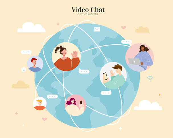 Video chatting with people from different locations on the earth to keep in touch and maintain communication. Flat illustration, concept of global network connection. - Вектор,изображение