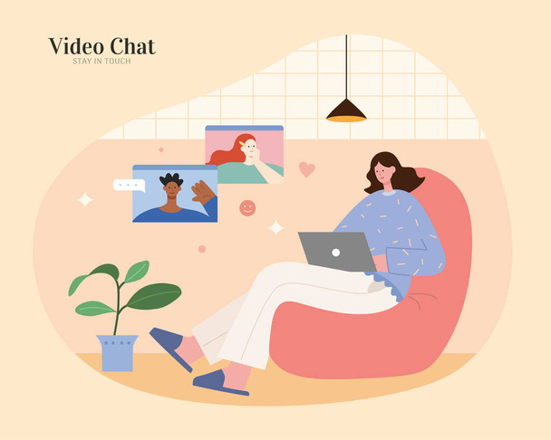 Asian woman sitting on sofa in loft and using laptop to make video call with other foreign people. Flat illustration, concept of online teaching or video chatting. - Vettoriali, immagini