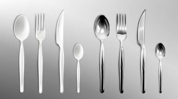 Vector realistic white plastic and steel cutlery - Vektori, kuva