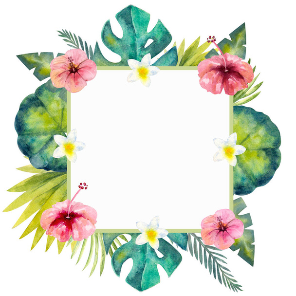 Moldura aquarela de folhas tropicais coloridas. Para convites, cartões e papéis de parede. - Foto, Imagem