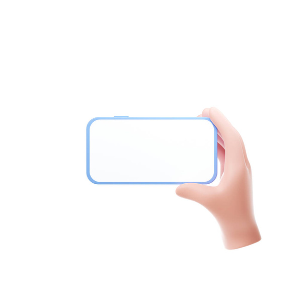 3D Мультфильм руки держа смартфон горизонтальный путь с пустым экраном на изолированном белом фоне, макет телефона. Трехмерная иллюстрация. - Фото, изображение