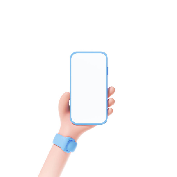 3D Smartphone drží na izolovat bílé pozadí. telefonní obrazovka pro výměnu šablony, karikatura ruku. 3D vykreslení ilustrace. - Fotografie, Obrázek