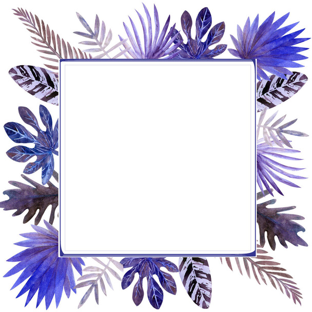Акварельна рамка з різнокольорових тропічних листя. Для запрошень, вітальних листівок та шпалер
. - Фото, зображення