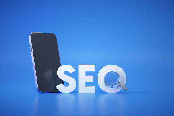 Logo du concept d'optimisation du moteur de recherche SEO avec loupe et smartphone sur fond bleu. stratégie marketing, moteur de recherche en ligne de médias sociaux illustration de rendu 3d - Photo, image