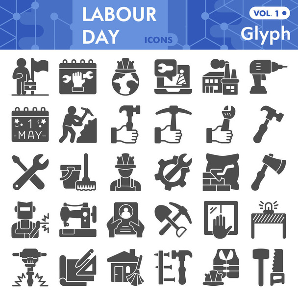Labour day solid icon set, labor day symbols collection or sketches. Industry and workforce glyph style signs for web and app. Vector graphics isolated on white background. - Vettoriali, immagini